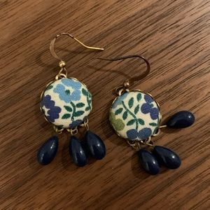 Handmade floral fabric navy drop earrings